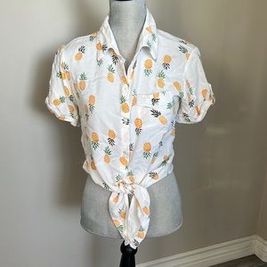 Japna white pineapple print button down shirt with tie in the front